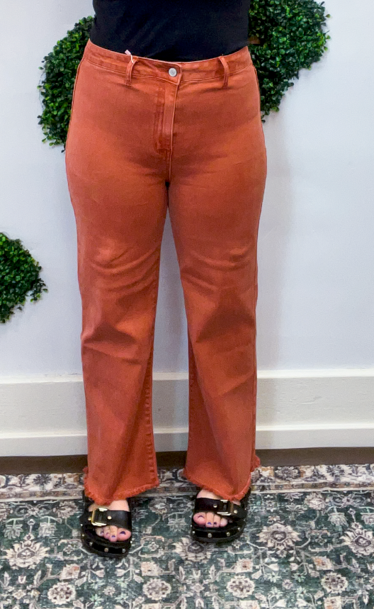 Frayed Edge Wide Leg Cropped Jeans in Rust