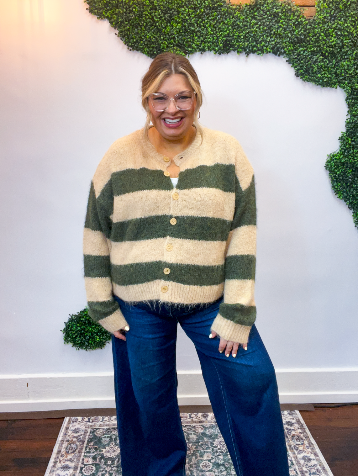 Moss & Sand Stripe Fuzzy Cardigan