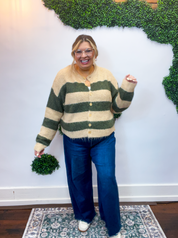 Moss & Sand Stripe Fuzzy Cardigan