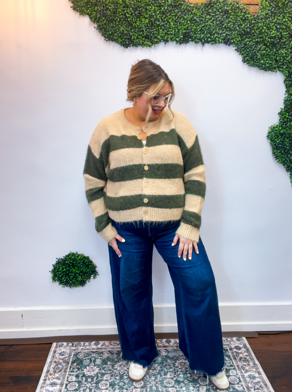 Moss & Sand Stripe Fuzzy Cardigan