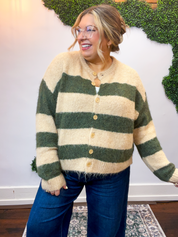 Moss & Sand Stripe Fuzzy Cardigan