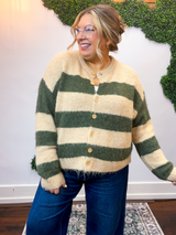 Moss & Sand Stripe Fuzzy Cardigan