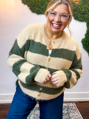 Moss & Sand Stripe Fuzzy Cardigan