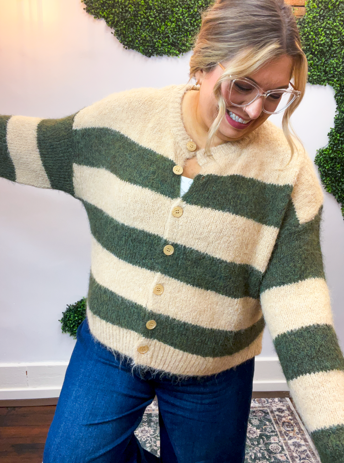 Moss & Sand Stripe Fuzzy Cardigan