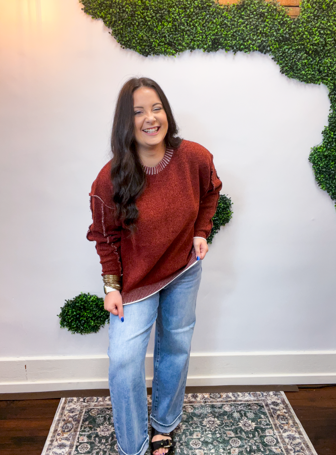 Frayed Edge Chenille Sweater in Rust