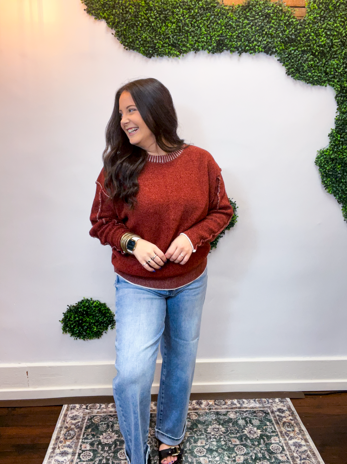 Frayed Edge Chenille Sweater in Rust