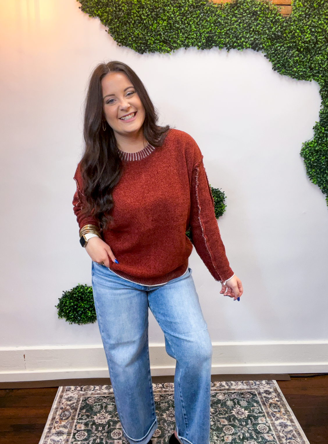 Frayed Edge Chenille Sweater in Rust