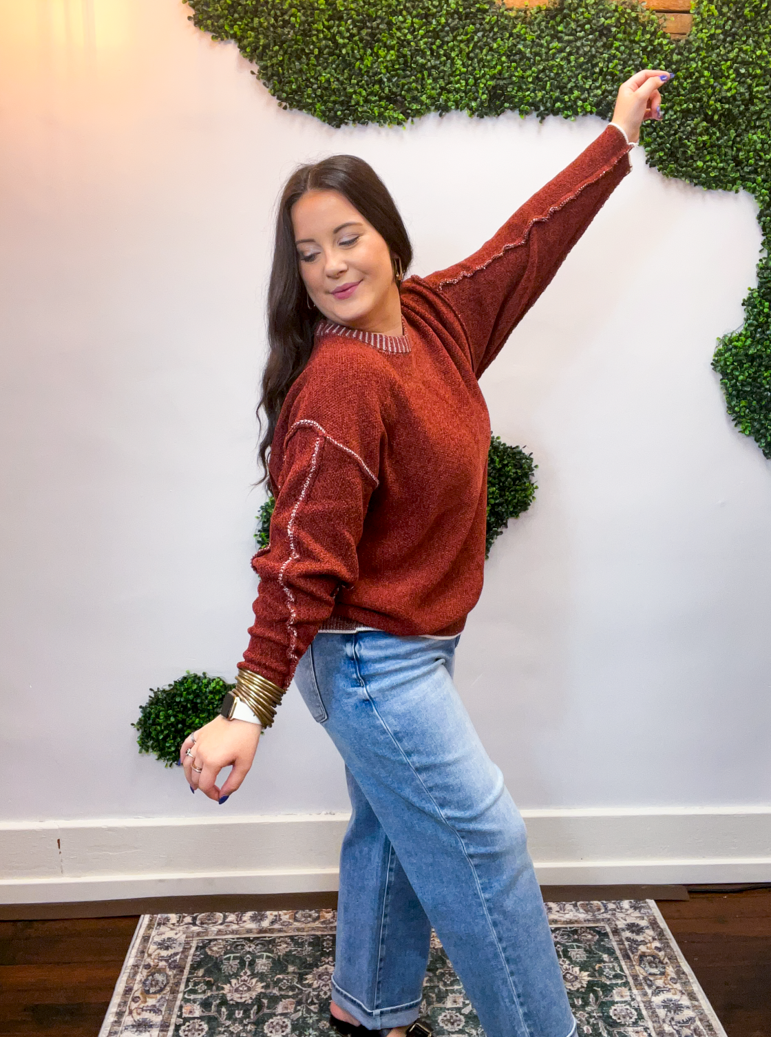 Frayed Edge Chenille Sweater in Rust