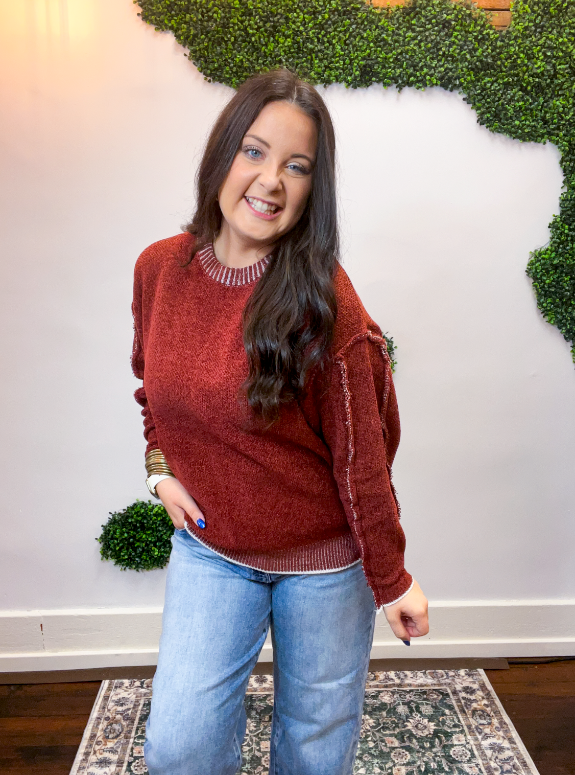 Frayed Edge Chenille Sweater in Rust