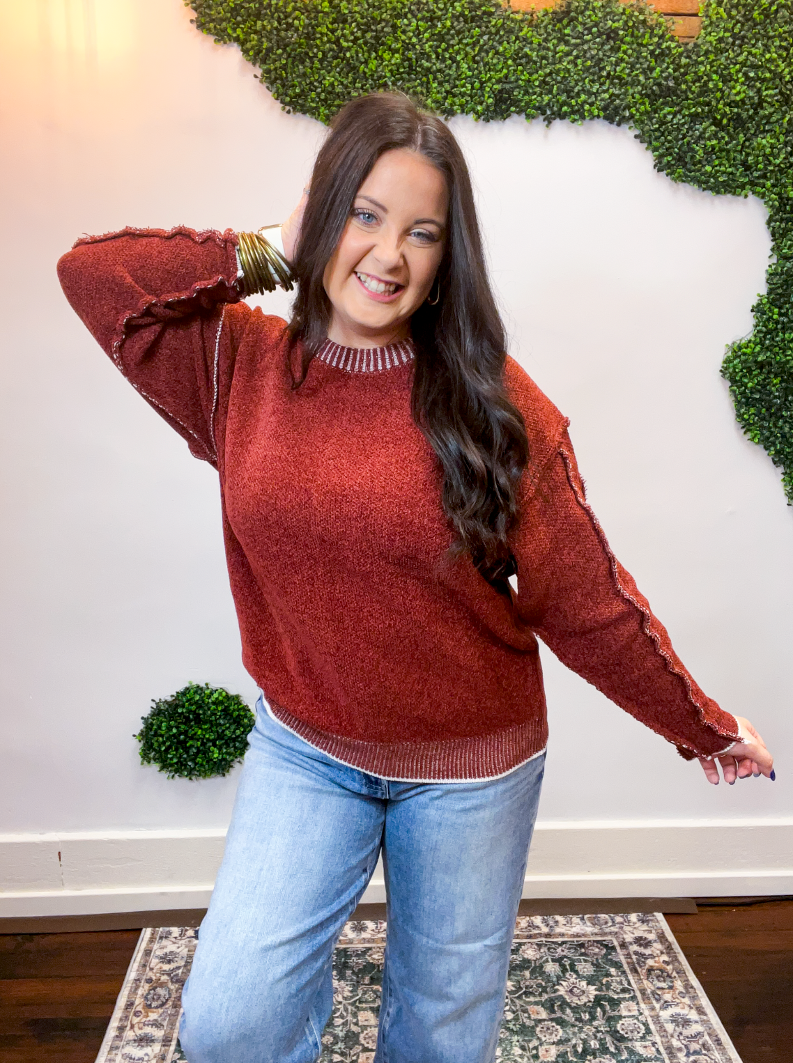 Frayed Edge Chenille Sweater in Rust