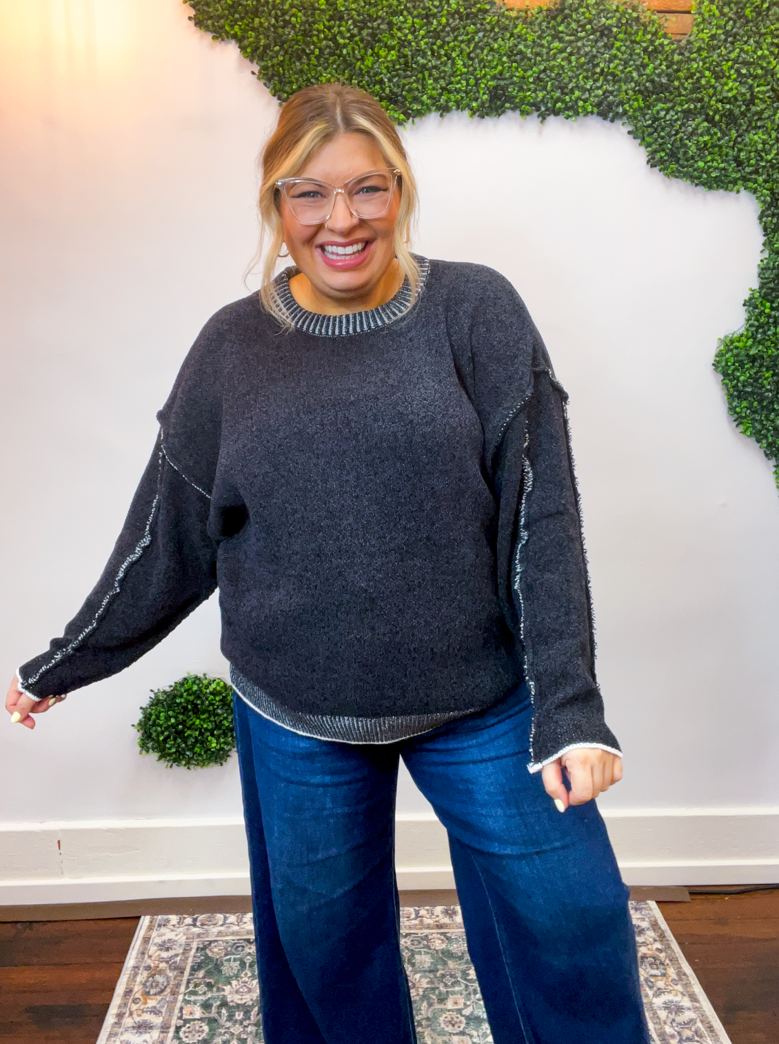 Frayed Edge Chenille Sweater in Black