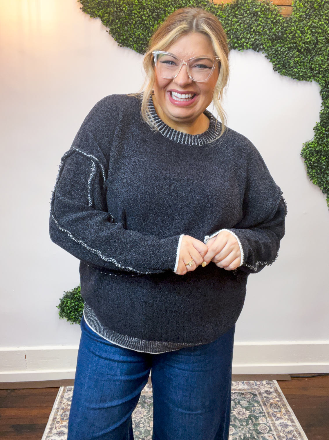 Frayed Edge Chenille Sweater in Black