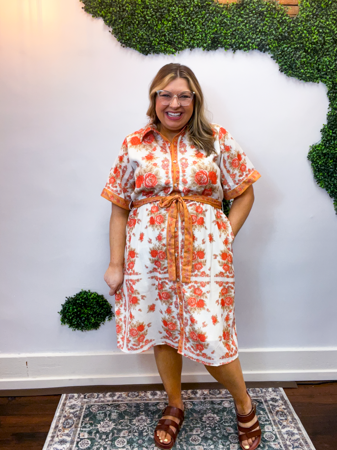Persimmon Bouquet Tie Waist Dress