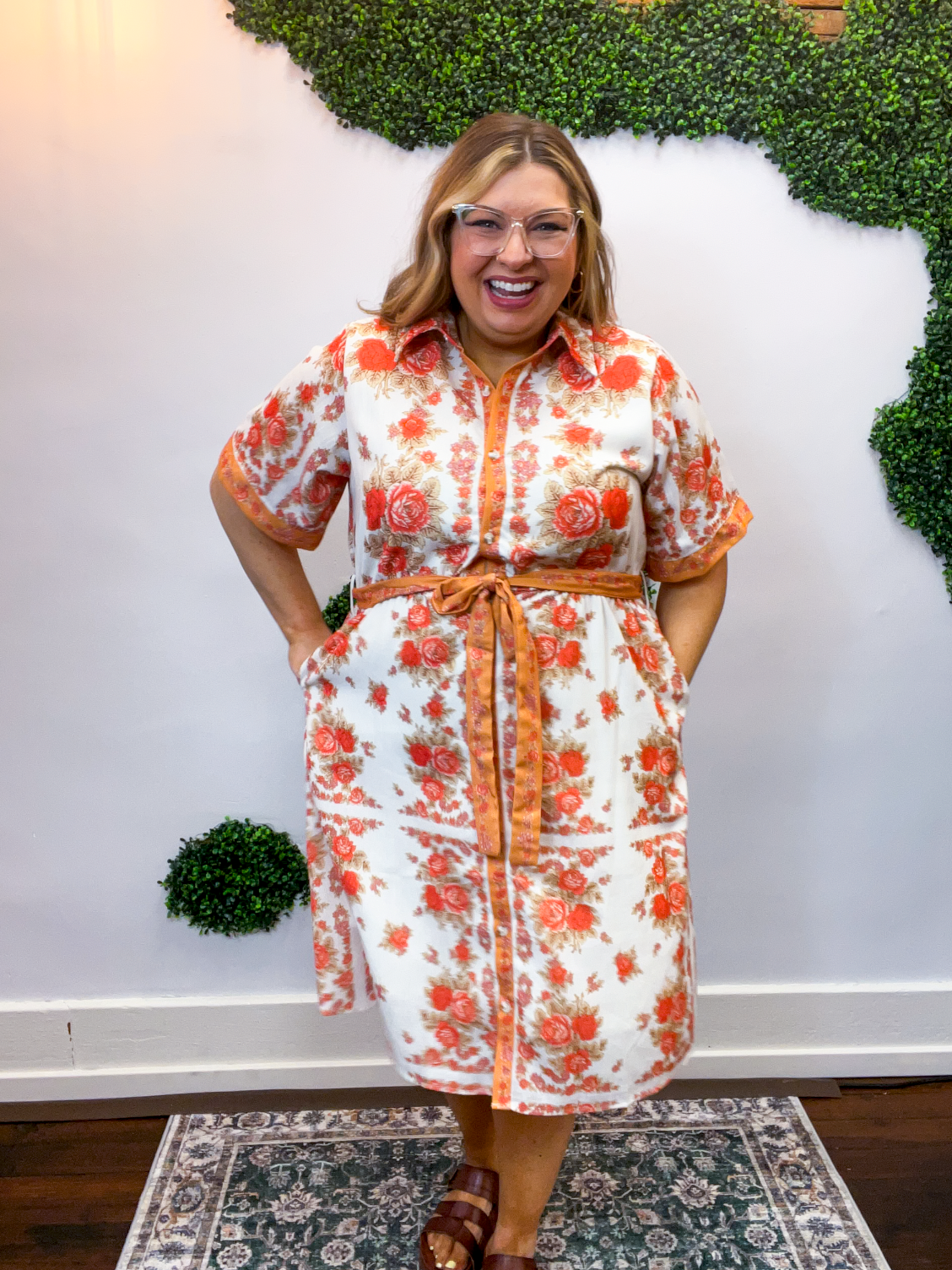 Persimmon Bouquet Tie Waist Dress