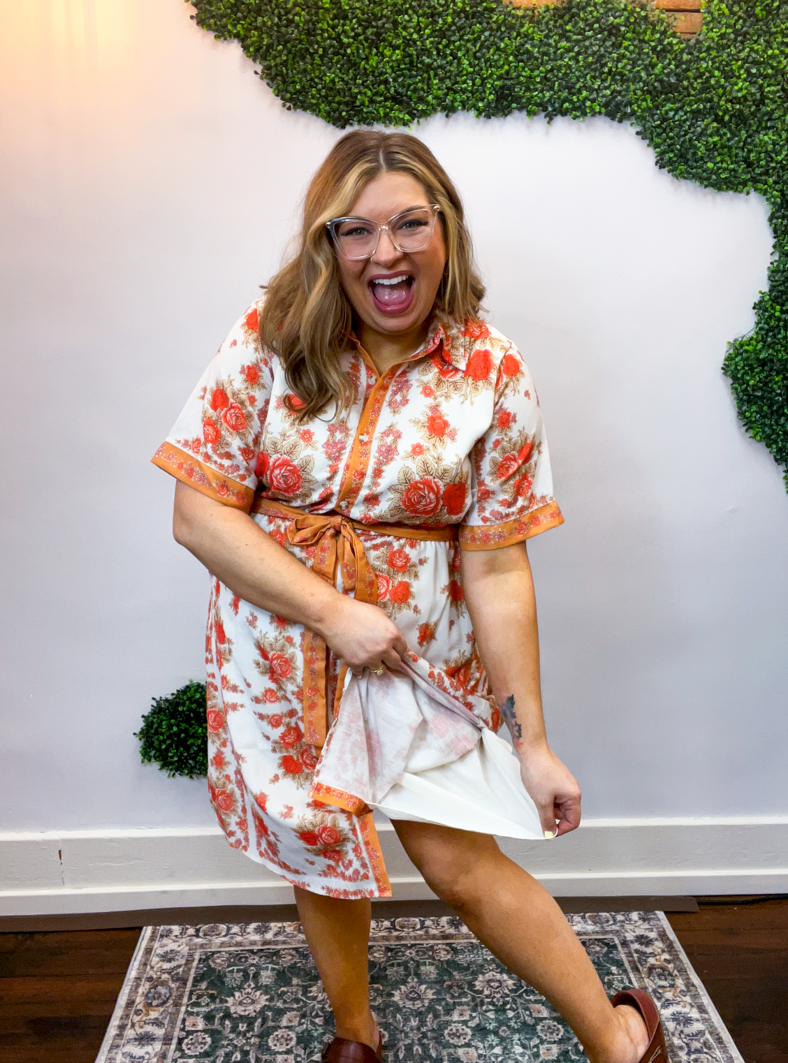 Persimmon Bouquet Tie Waist Dress