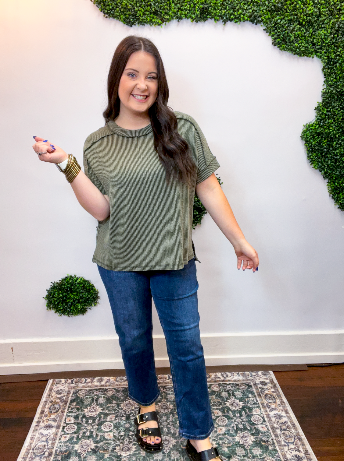 Textured Take Raised Rib Short Sleeve Top in Olive