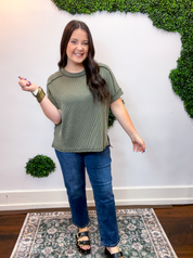 Textured Take Raised Rib Short Sleeve Top in Olive