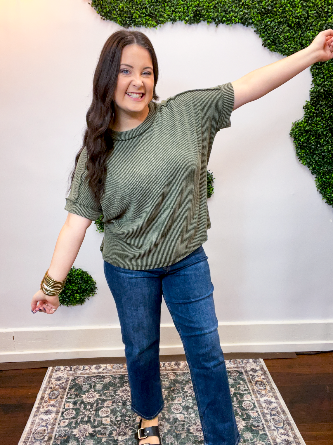 Textured Take Raised Rib Short Sleeve Top in Olive