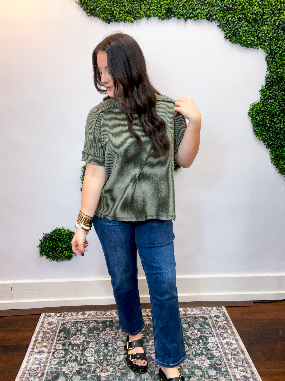 Textured Take Raised Rib Short Sleeve Top in Olive