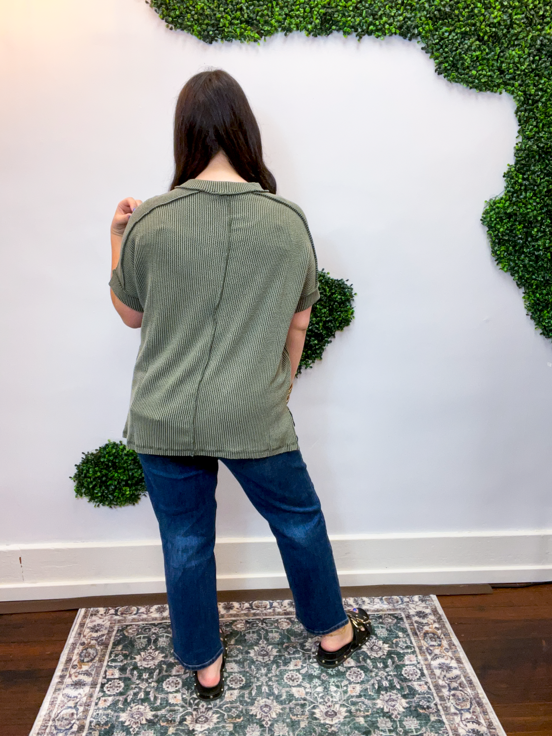 Textured Take Raised Rib Short Sleeve Top in Olive