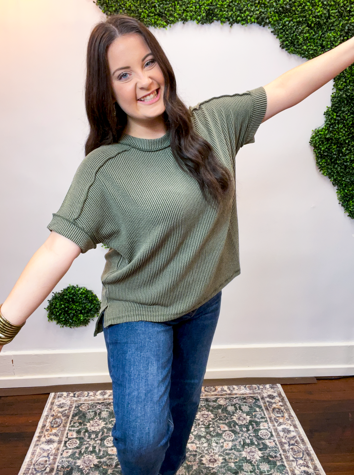 Textured Take Raised Rib Short Sleeve Top in Olive
