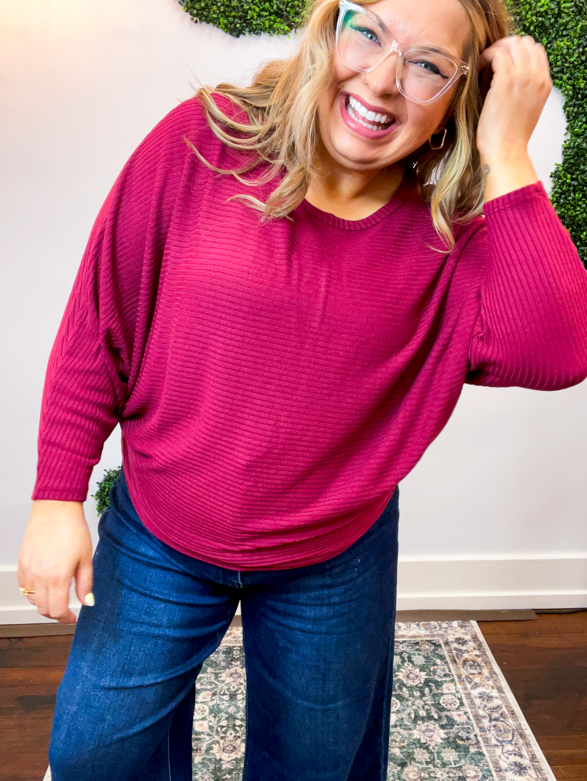 Effortless Days Long Sleeve Batwing Top in Cabernet