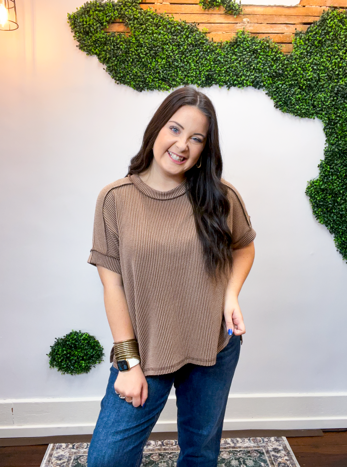 Textured Take Raised Rib Short Sleeve Top in Brown