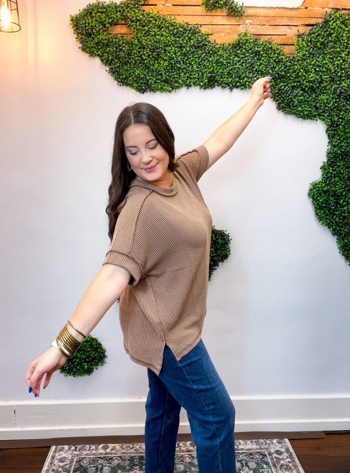 Textured Take Raised Rib Short Sleeve Top in Brown