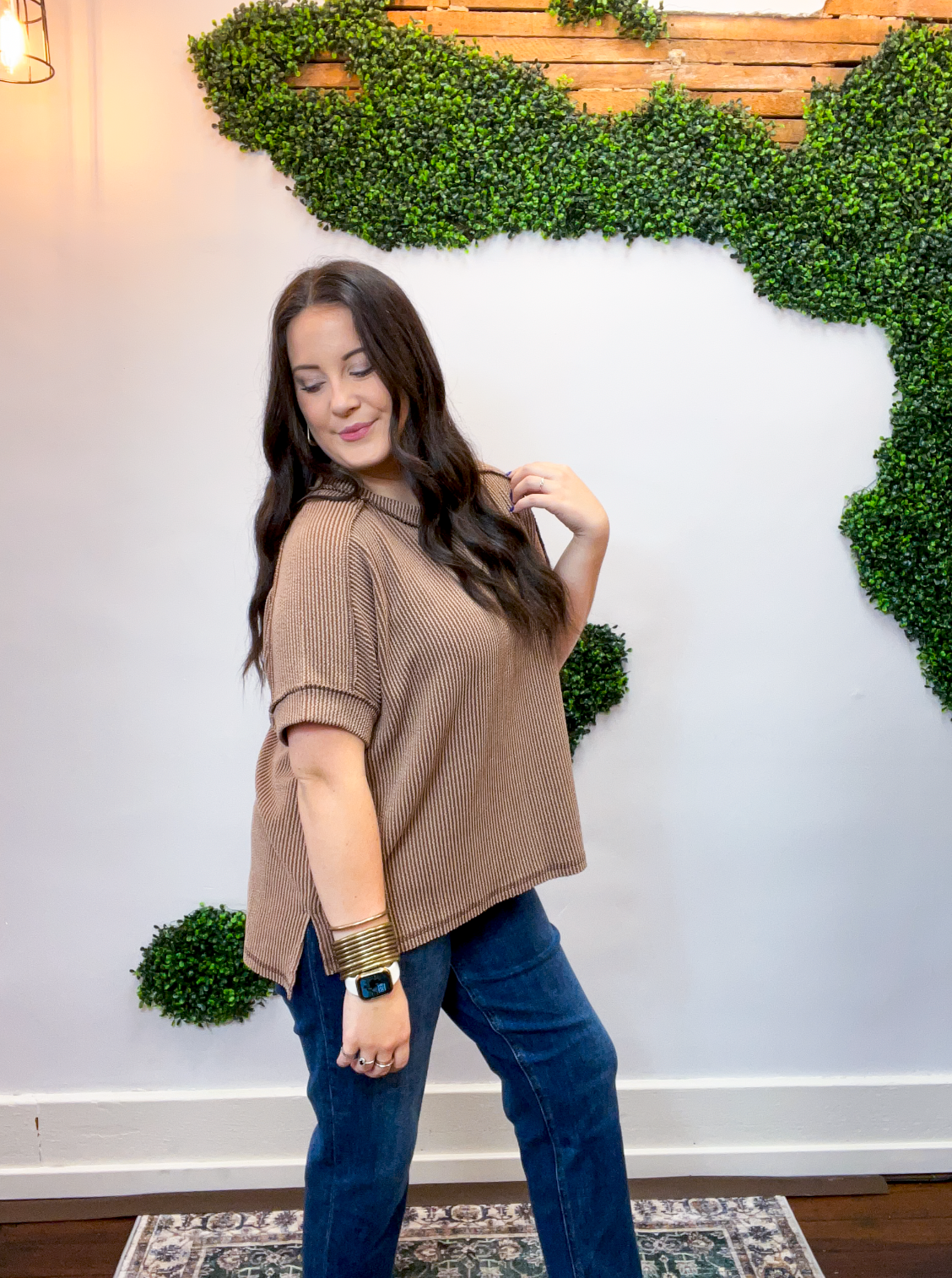 Textured Take Raised Rib Short Sleeve Top in Brown