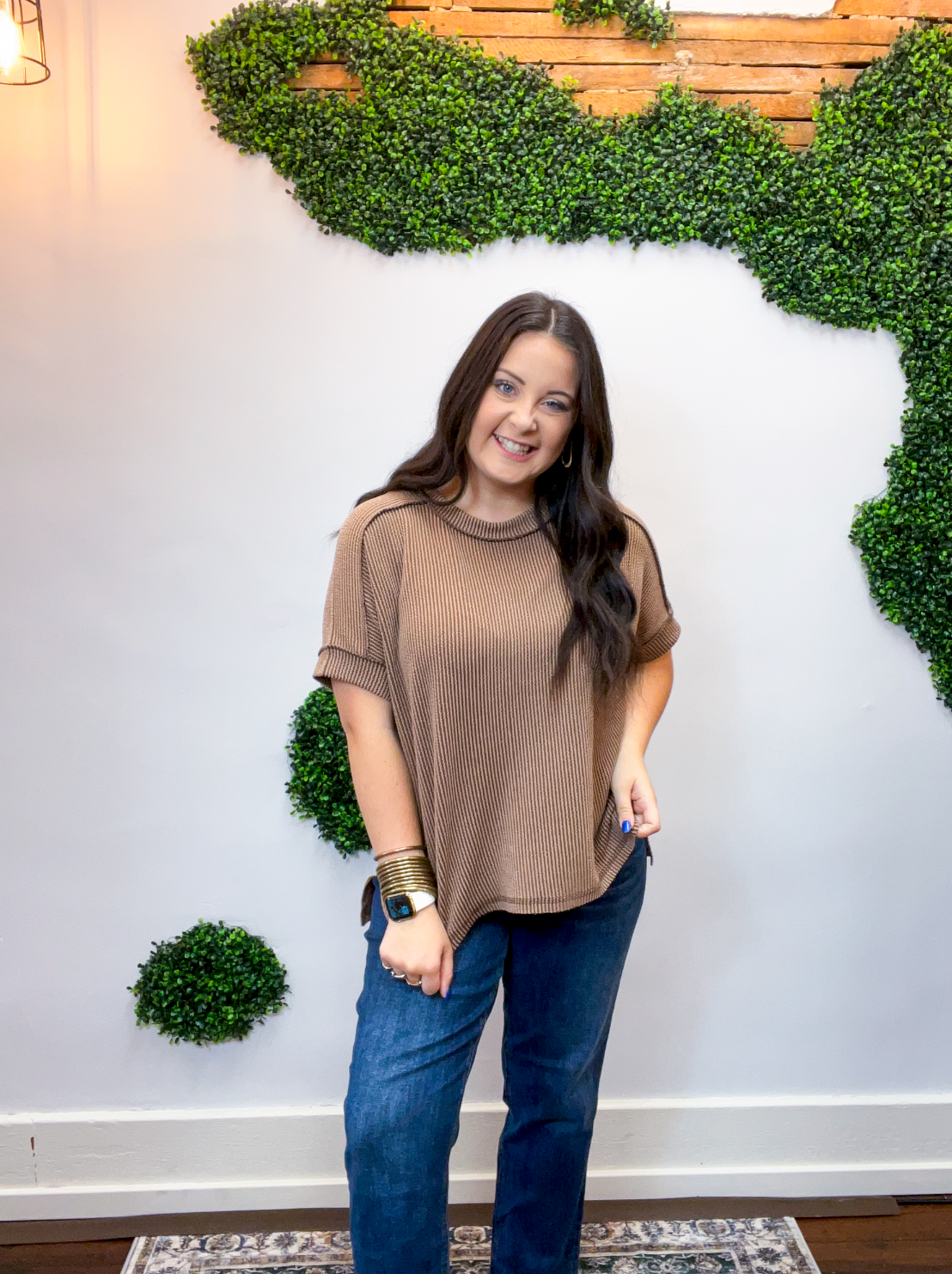 Textured Take Raised Rib Short Sleeve Top in Brown