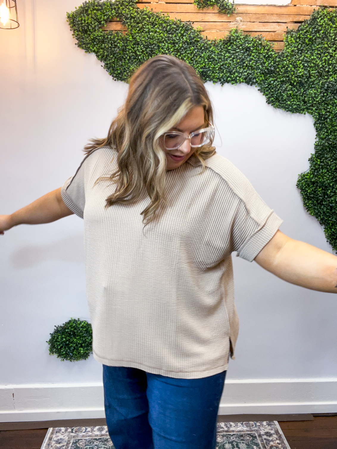 Textured Take Raised Rib Short Sleeve Top in Light Mocha