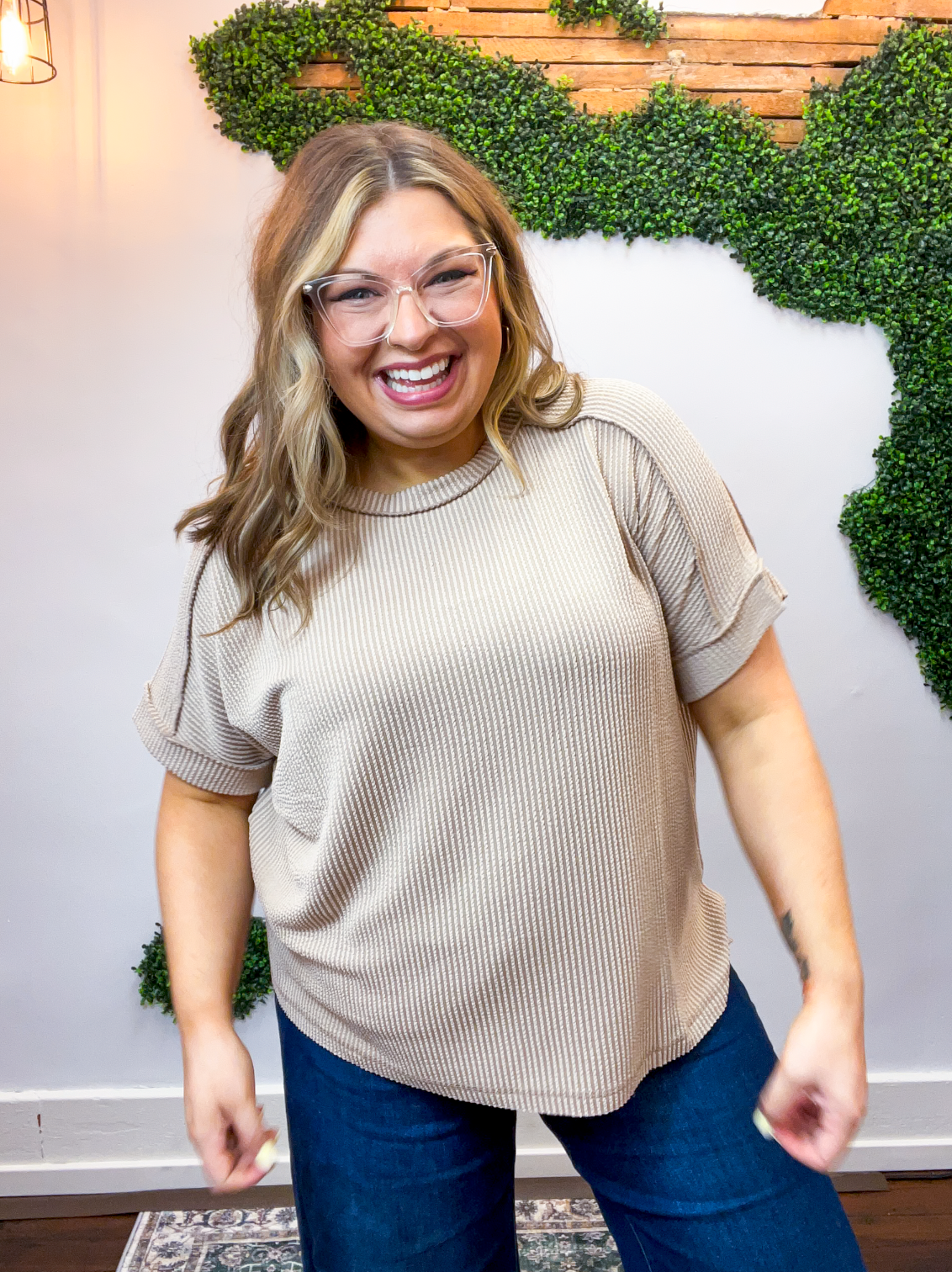 Textured Take Raised Rib Short Sleeve Top in Light Mocha