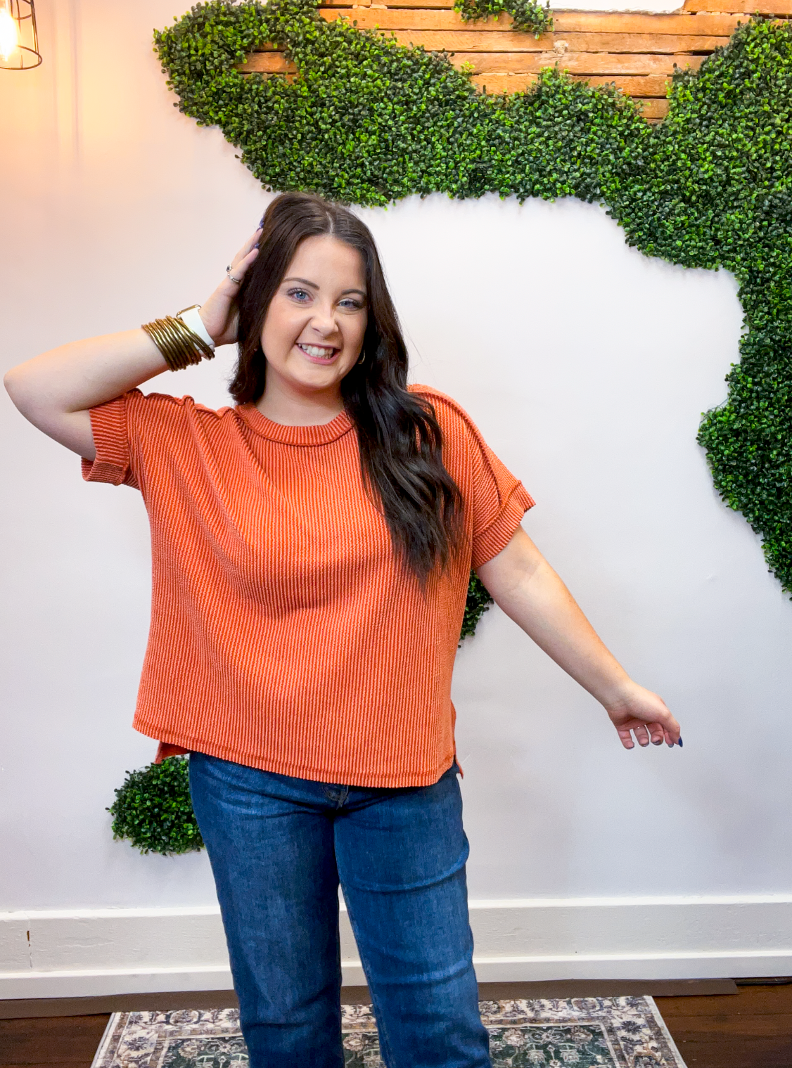 Textured Take Raised Rib Short Sleeve Top in Burnt Orange