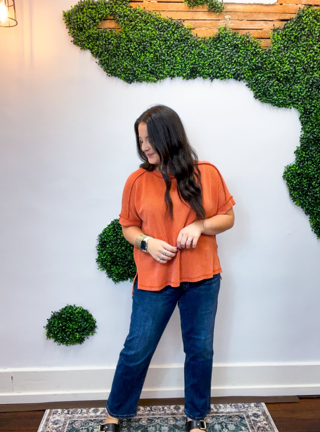 Textured Take Raised Rib Short Sleeve Top in Burnt Orange
