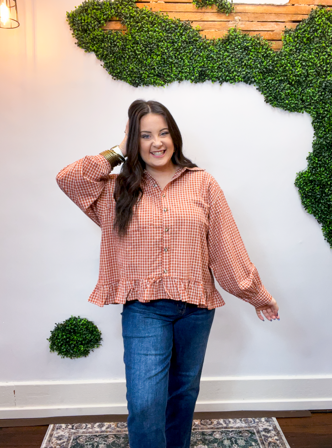 Chestnut Check Peplum Top
