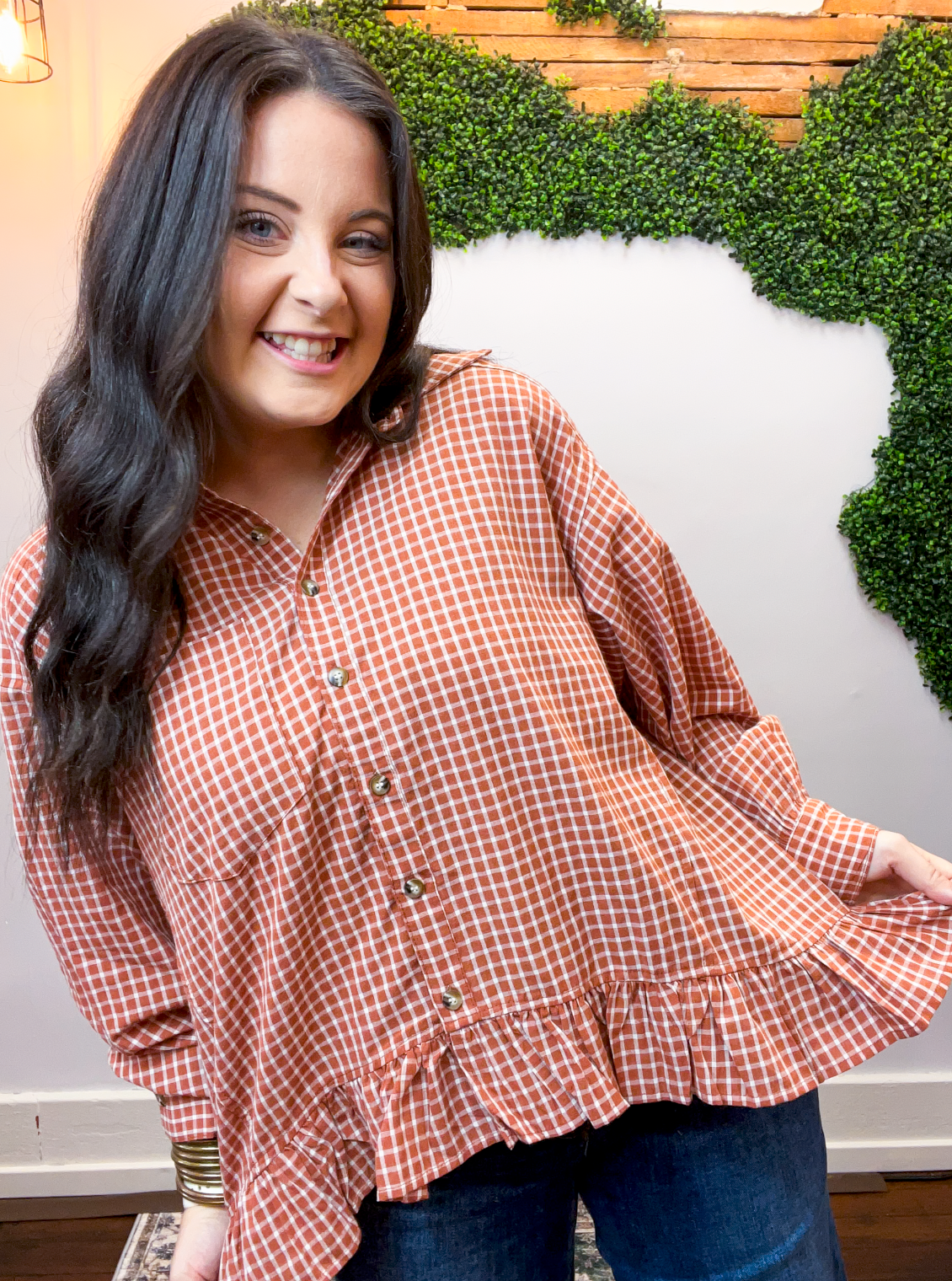Chestnut Check Peplum Top