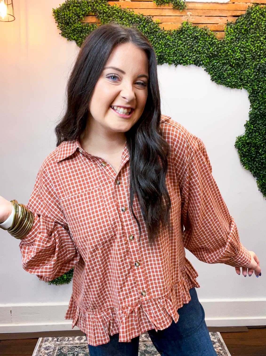 Chestnut Check Peplum Top