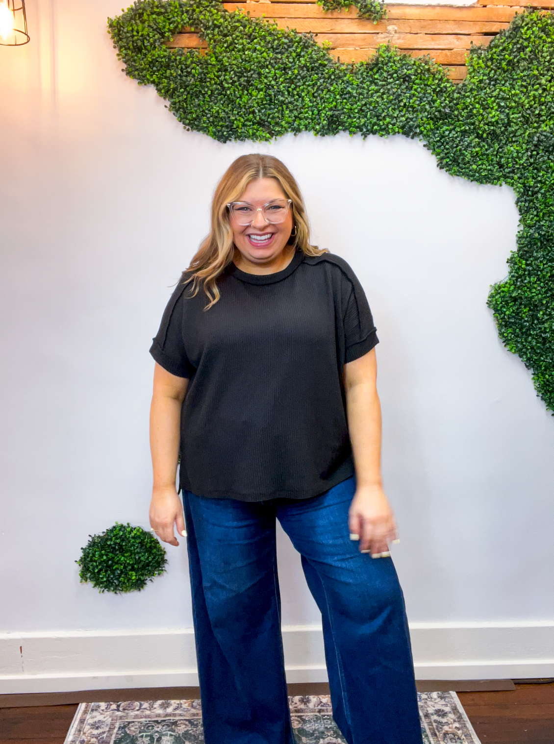 Textured Take Raised Rib Short Sleeve Top in Black