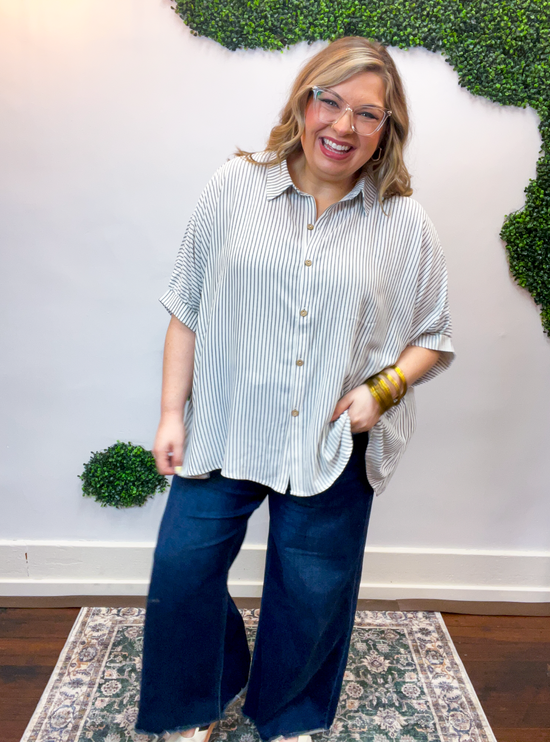 Falling for Stripes Button Down Shirt in Black