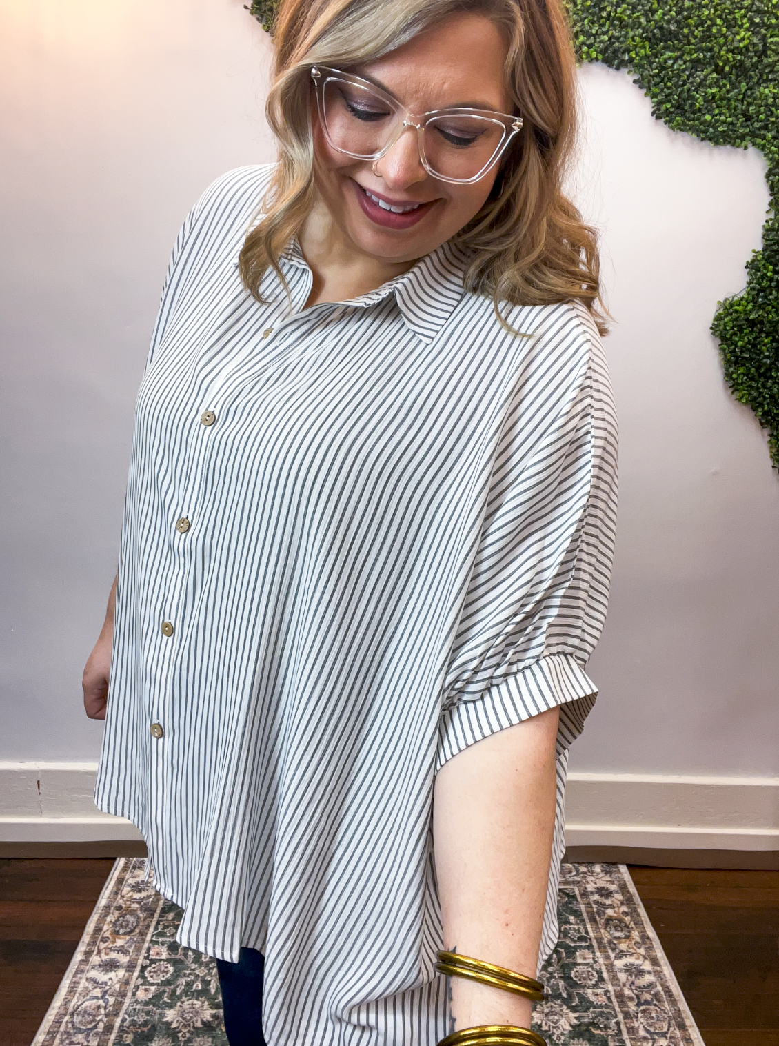 Falling for Stripes Button Down Shirt in Black
