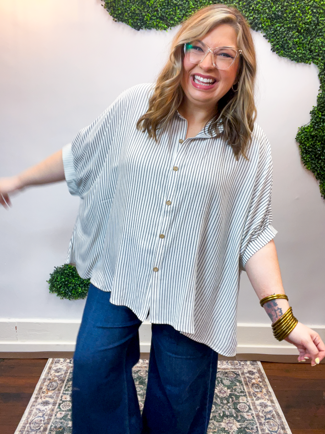 Falling for Stripes Button Down Shirt in Black