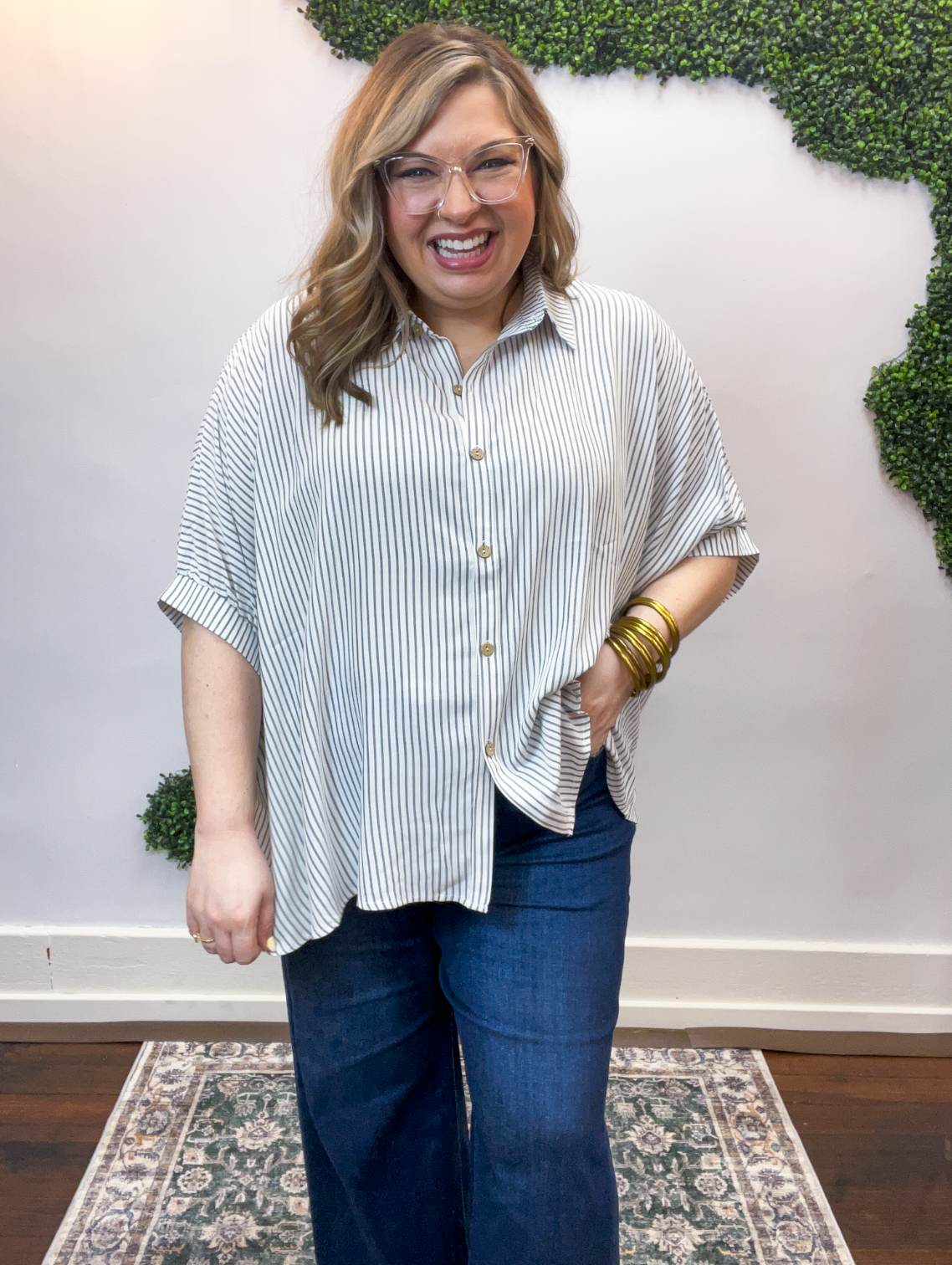 Falling for Stripes Button Down Shirt in Black