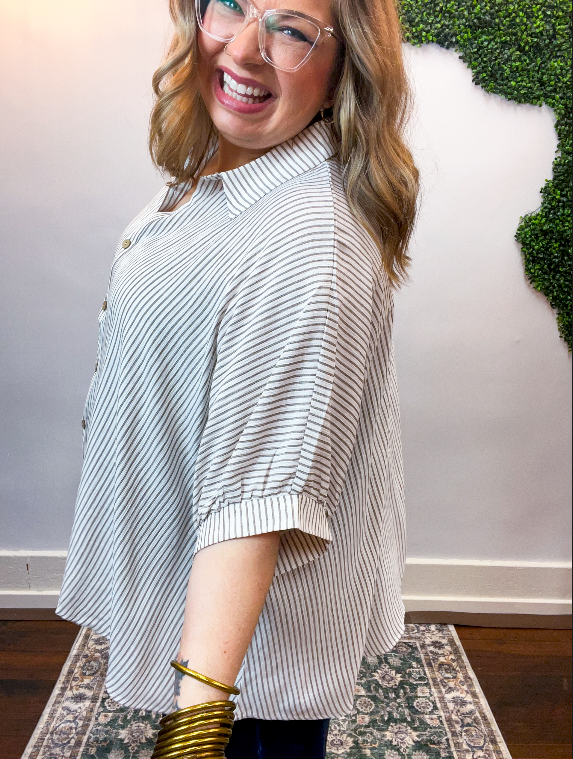 Falling for Stripes Button Down Shirt in Taupe