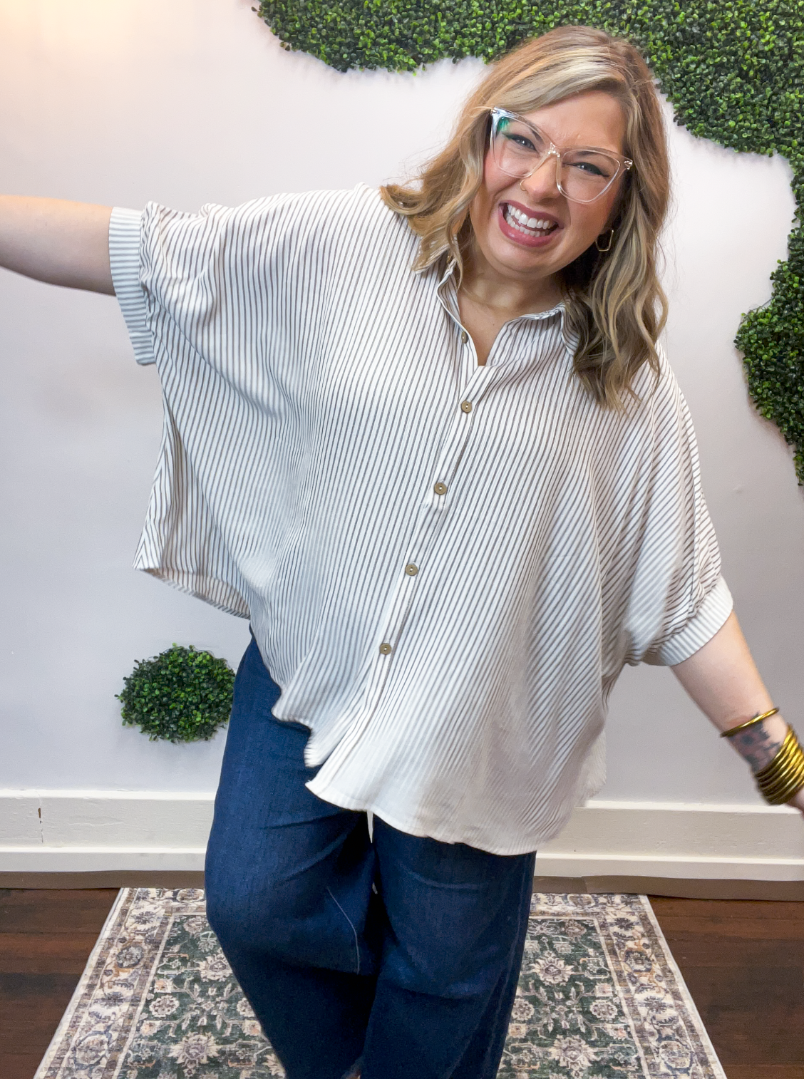 Falling for Stripes Button Down Shirt in Taupe