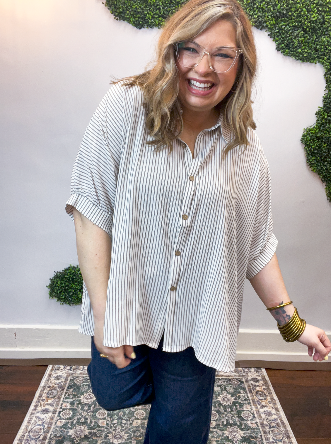 Falling for Stripes Button Down Shirt in Taupe