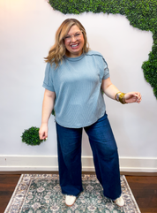 Textured Take Raised Rib Short Sleeve Top in Blue Grey