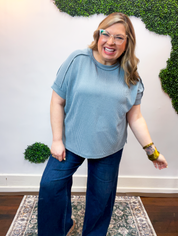 Textured Take Raised Rib Short Sleeve Top in Blue Grey