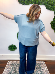 Textured Take Raised Rib Short Sleeve Top in Blue Grey