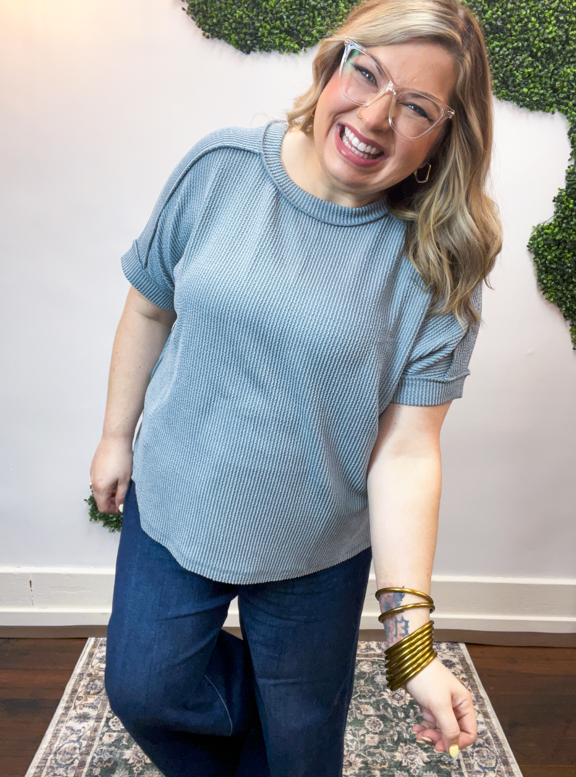 Textured Take Raised Rib Short Sleeve Top in Blue Grey