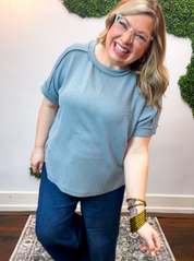 Textured Take Raised Rib Short Sleeve Top in Blue Grey